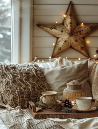 A warm living room with a cozy couch and two mugs of hot beverages on a wooden coffee table. There is a knitted blanket thrown over the couch and a window with a snowy landscape outside. A golden star decoration hangs on the wall.の素材