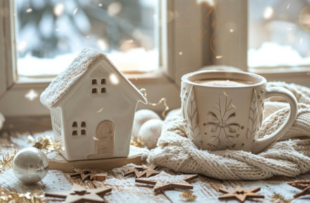 A cup of hot chocolate sits on a windowsill, surrounded by festive decorations, with snow falling outside.の素材
