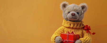 A teddy bear wearing a yellow knitted sweater holds a red gift box with a red ribbon. The bear is standing against a yellow background.の素材
