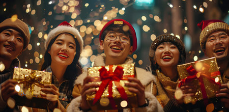 A group of friends stand in a festive setting, laughing and exchanging gifts during a Christmas celebration. They are surrounded by twinkling lights and falling confetti, creating a joyful atmosphere.の素材