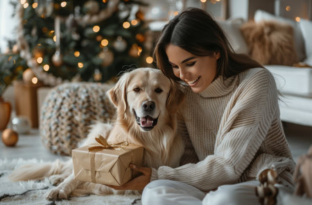 A woman smiles brightly while petting her golden retriever dog, sitting by a decorated Christmas tree in a cozy home.の素材