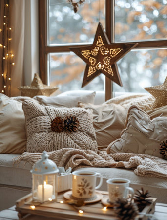 A warm living room with a cozy couch and two mugs of hot beverages on a wooden coffee table. There is a knitted blanket thrown over the couch and a window with a snowy landscape outside. A golden star decoration hangs on the wall.の素材