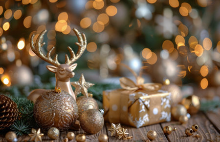 A golden reindeer figurine stands among festive ornaments and a wrapped gift, bathed in warm light.の素材