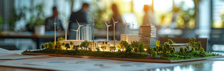 A miniature cityscape with wind turbines stands on a table in front of a blurry background of people and greenery. The model features buildings, trees, and a road.の素材