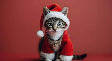 A tabby cat in a red and white Santa suit sits on a red background. The cat is looking at the camera with a curious expression.の素材