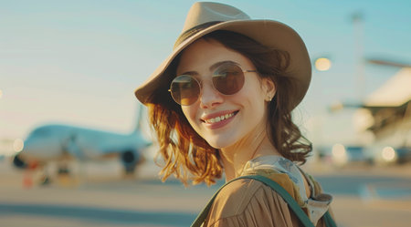 A young woman in a hat and sunglasses smiles at the camera while standing in an airport. The background is out of focus and shows a large airplane parked on the tarmac.の素材