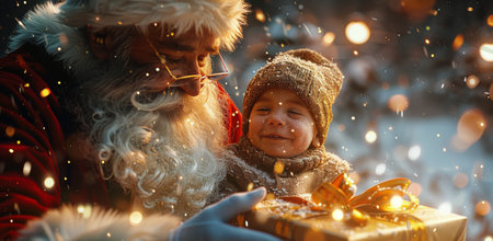 Santa Claus, wearing a red suit and a white beard, gives a gift to a child. The child is wearing a brown knit hat and a brown scarf. Snow falls around them, and the background is a blurred image of lights.の素材