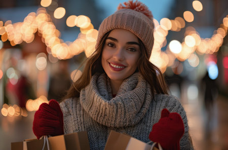 A woman with long brown hair smiles as she walks through a city at night, carrying shopping bags. The background is blurred with bokeh lights and people.の素材