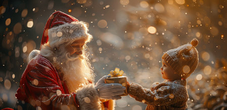 Santa Claus gives a wrapped gift to a child standing in a snowy forest. The scene is magical with falling snow and warm, glowing lights in the background.の素材