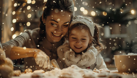 A mother and her young daughter are decorating cookies with powdered sugar. The kitchen is decorated for Christmas, with lights and decorations visible in the background. The girl is holding a handful of sugar and is smiling at the camera.の素材