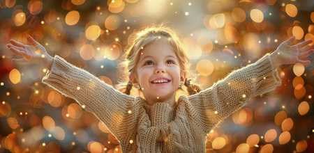 A young girl wearing a knitted sweater smiles as she catches snowflakes with her outstretched arms. The background is a blurry image of a winter scene with bokeh lights.の素材