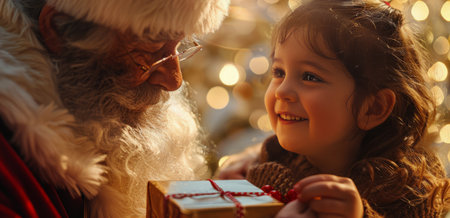 Santa Claus gives a Christmas gift to a little girl, smiling in anticipation.の素材