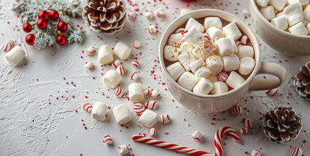 A bowl of hot chocolate topped with marshmallows sits on a white surface. Surrounding the bowl are holiday decorations such as red berries, pine branches, and a candy cane.の素材