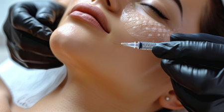 Close-up view of a woman receiving lip injections. A gloved hand holds a syringe and injects the woman's lower lip.の素材