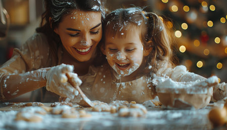 A woman and her young daughter are covered in flour while baking cookies together. They are both smiling and seem to be enjoying the festive activity. A decorated Christmas tree is visible in the background.の素材