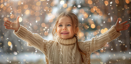 A young girl wearing a knitted sweater smiles as she catches snowflakes with her outstretched arms. The background is a blurry image of a winter scene with bokeh lights.の素材