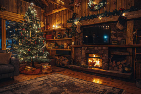 A decorated Christmas tree stands tall in a cozy cabin living room, illuminated by warm string lights and the glow of a crackling fireplace. A large window offers a view of the snowy winter night outside.の素材