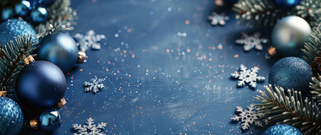 Blue Christmas ornaments, pine branches, and snowflakes decorate a dark blue background.の素材