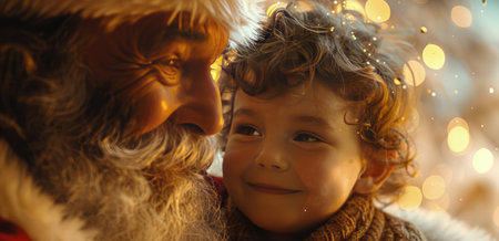 Santa Claus gives a Christmas gift to a little girl, smiling in anticipation.の素材