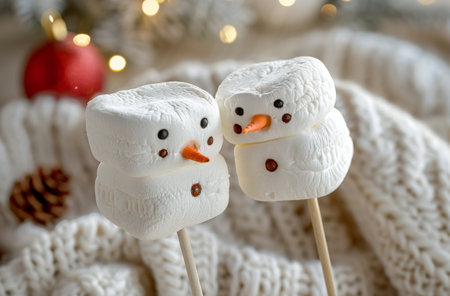 Two marshmallow snowmen decorated with brown hats, orange noses, and red buttons sit on sticks on a white knitted blanket.の素材