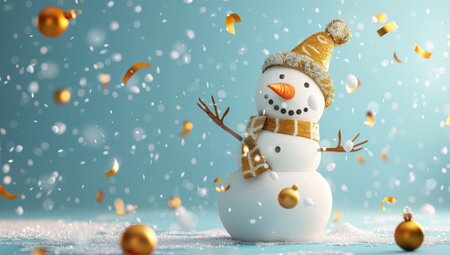 A snowman with a gold scarf and hat smiles as confetti falls around him. The snowman is standing in a snowy setting with gold ornaments scattered around.の素材