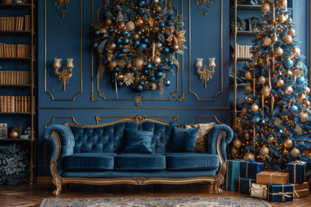 A blue and gold Christmas tree stands in the corner of a living room, surrounded by presents. A blue velvet sofa with gold trim sits in front of a wall adorned with a blue and gold Christmas wreath.の素材