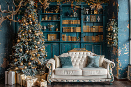 A blue and gold Christmas tree stands in the corner of a living room, surrounded by presents. A blue velvet sofa with gold trim sits in front of a wall adorned with a blue and gold Christmas wreath.の素材