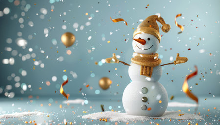 A snowman with a blue scarf and gold hat stands in a snowy scene with falling confetti and a golden ornament. The background is a light blue color.の素材