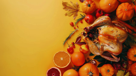 Fall foliage, pumpkins, and berries create a border on an orange background.の素材