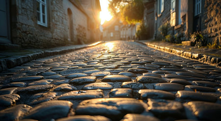 A cobblestone street winds through a European town as the sun sets in the distance, casting a warm glow on the ancient stonework.の素材