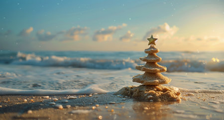 A sandcastle Christmas tree stands on the beach as the sun sets, the waves gently lapping at its base.の素材