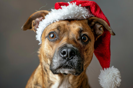 A brown and black dog with a Santa hat on is looking directly at the camera. Its ears are perked up and its eyes are wide. The background is a plain gray.の素材
