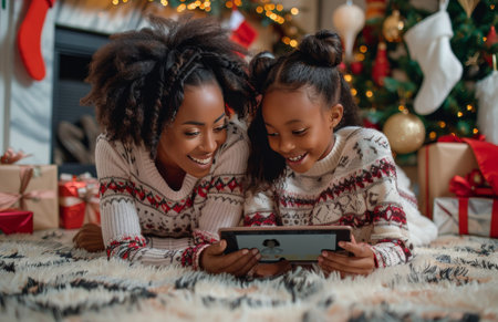 A mother and daughter are lying on a fluffy white rug in front of a Christmas tree, both wearing red and white sweaters. They are smiling and looking at a tablet, enjoying each other's company.の素材