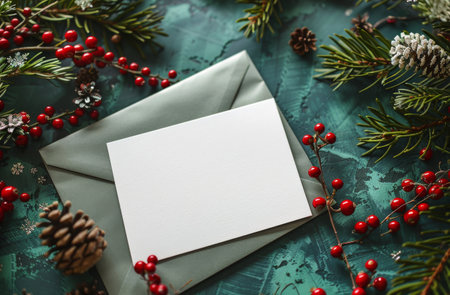 A blank white card lies on a green envelope, surrounded by pine branches, red berries, and pine cones on a blue background.の素材