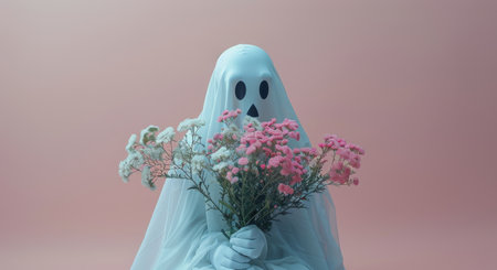 A white ghost figure with black eyes is holding a bouquet of yellow flowers against a blue backdrop. Yellow flowers are also scattered on the table in front of the ghost.の素材