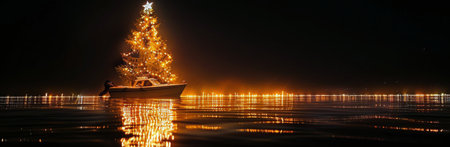 A Christmas tree with lights stands in the water at night, illuminated and reflecting in the water. A small boat with lights travels on the water in the distance.の素材