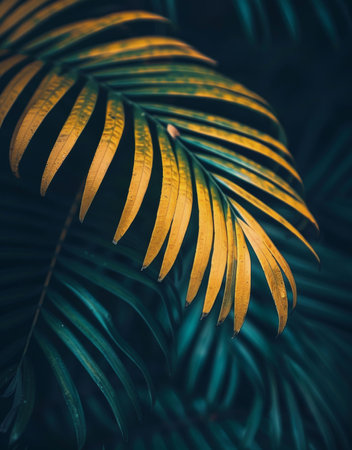 A close-up of a golden palm leaf, illuminated by the sun, against a backdrop of deep green foliage.の素材