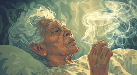 An elderly woman with gray hair lies in bed, holding a cigarette in her hand. Smoke curls up from the cigarette, filling the space around her.の素材