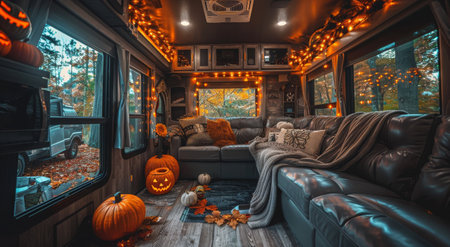 A cozy living area in a camper decorated for Halloween, with lit jack-o'-lanterns on the couch and string lights around the room.の素材