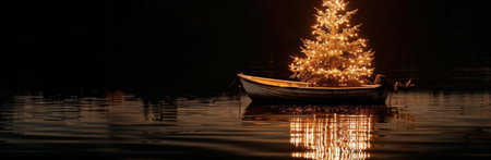 A small, decorated Christmas tree sits in a wooden boat, floating on a dark body of water. The tree is lit with twinkling lights, and the reflection of the lights shines on the water.の素材