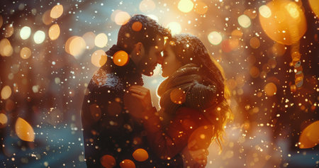 A couple stands close together in a snowy night, looking lovingly into each other's eyes. The man is wearing a dark suit, and the woman is wearing a gold dress. The soft glow of the city lights and falling snowflakes create a romantic ambiance.の素材