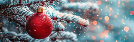 A single red ornament hangs from a snow-covered pine branch with a blurred background of bokeh lights and snowfall.の素材