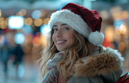 A woman wearing a Santa hat, a fur-lined coat, and a scarf smiles at the camera as she walks through a city at night. Lights are blurred in the background.の素材