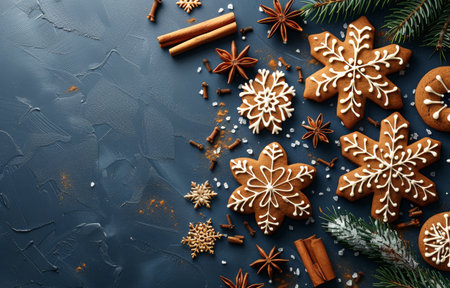 Gingerbread cookies decorated with white icing in the shape of snowflakes, arranged on a dark blue background with cinnamon sticks, star anise, and a sprig of pine.の素材