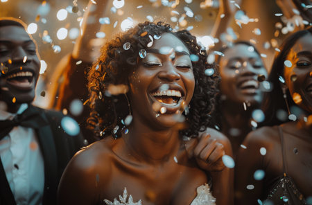Two people laugh and dance with confetti falling around them.の素材