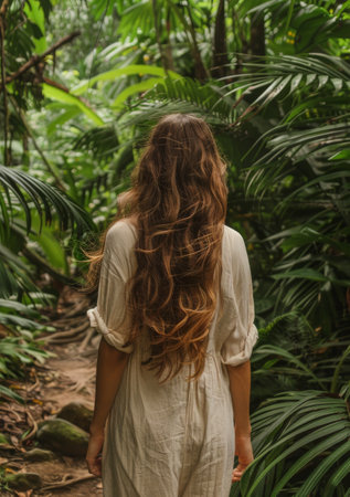 A woman with long, wavy hair walks through a dense, green jungle. She wears a long, flowing dress. The sunlight filters through the leaves, creating a dappled effect on the ground.の素材