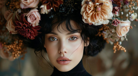 A young woman with dark hair and a flower crown looks directly at the camera. Her eyes are a striking blue, and she has a soft, natural expression.の素材