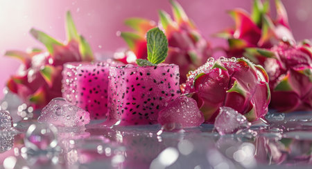 Dragon fruit with water droplets on ice.の素材