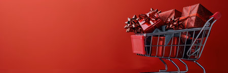 A shopping cart overflowing with wrapped gifts sits on a red sparkly surface, with a bokeh background of red and white lights.の素材