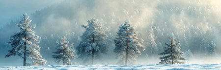 A breathtaking sunrise casts a golden glow over a snow-covered forest, creating a magical winter scene. Tall pine trees stand tall, their branches laden with fresh powder, as sunlight pierces through the misty air.の素材